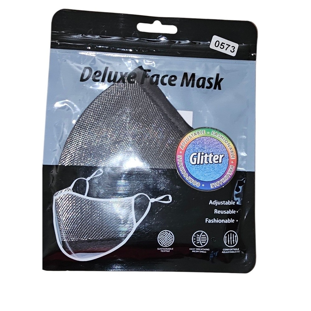 Deluxe Glitter Face Mask Silver Mesh Breathable Adjustable Reusable Mask #573
